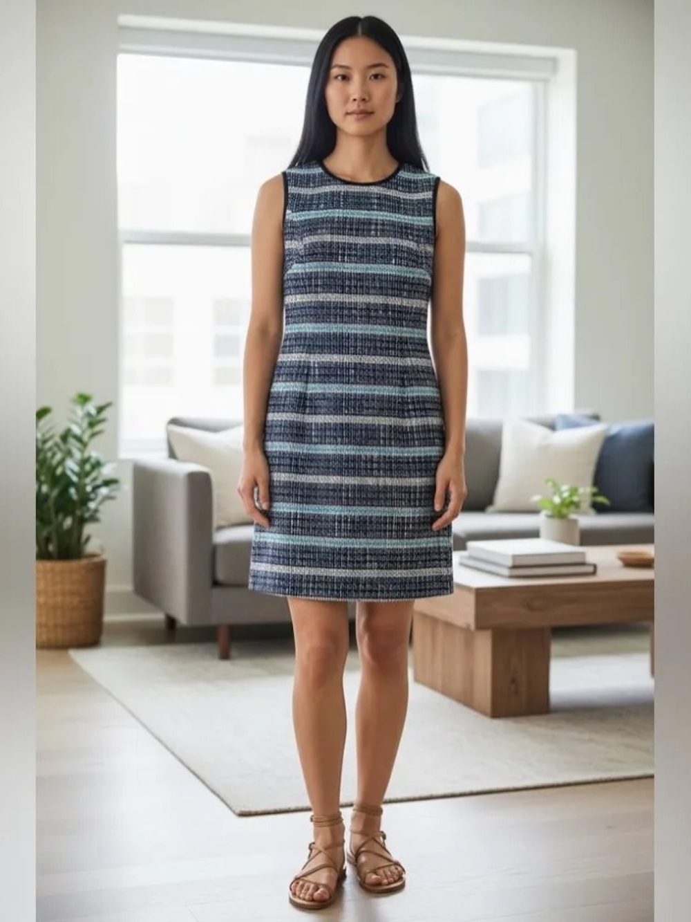 Tory Burch Petra Sleeveless Normandy Blue Navy Tweed Sheath Shift Dress